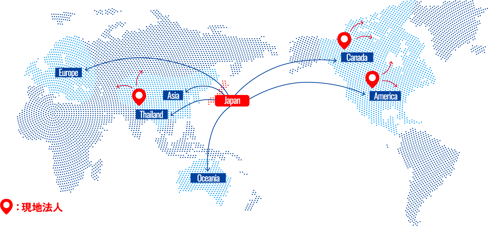 三洋機工が事業展開する世界地図。日本を起点にアジア・ヨーロッパ・北アメリカ・オセアニアへの広がりを示す